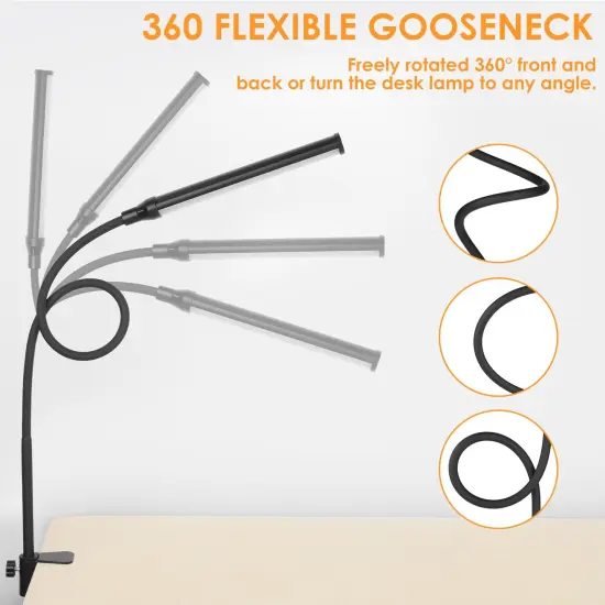 LED Desk lamp with Clamp, Eye-Caring Clip Lights for Home Office, 3 Colors Full Brightness, Flexible Gooseneck USB Adapter Table Lamp, Black {6}