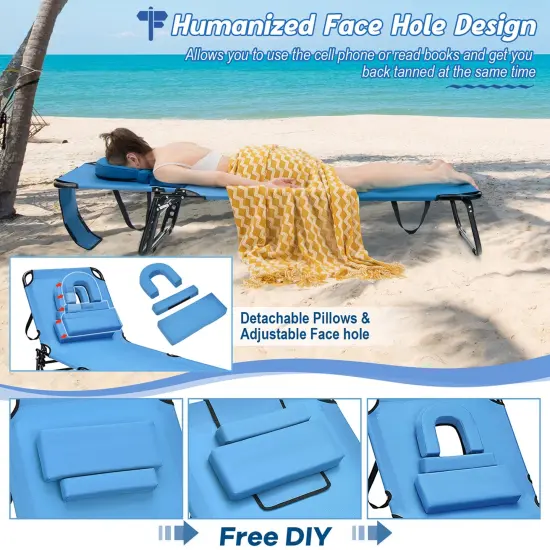 Costway Beach Chaise Lounge Chair with Face Hole Pillows & 5-Position Adjustable Backrest Blue {6}
