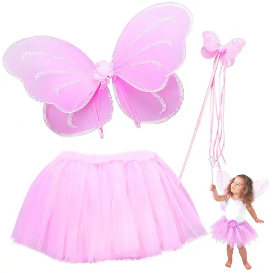 Butterfly Craze Fairy Princess Tutu Costume Set - Includes Glittery Sparkle Wings, Tutu Skirt, & Wand for Girls' Dress Up, Pretend Play & Ballet Dance Recitals, For Toddlers and Kids, Pink, Small {1}
