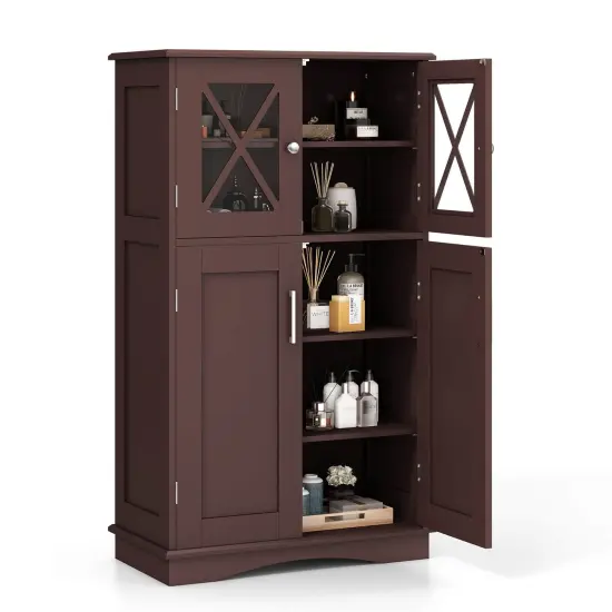Costway Bathroom Storage Cabinet Linen Storage Cabinet with Doors and Adjustable Shelves Black/Grey/Brown/White {9}