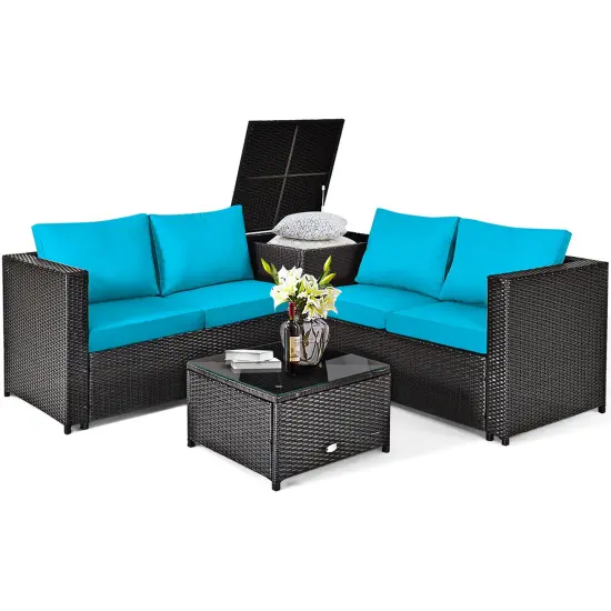 Costway 4PCS Outdoor Patio Rattan Furniture Set Cushioned Loveseat Storage Table Red/Turquoise/Black {9}