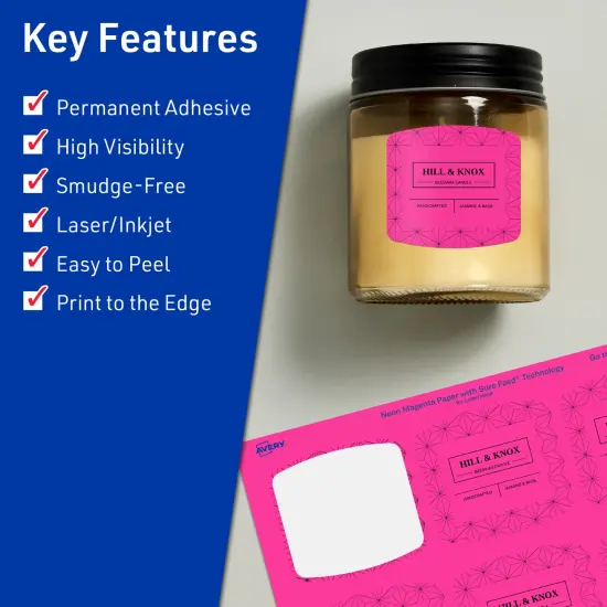 Avery Neon Magenta Paper Labels, 2" x 2-3/16" Arched Square {2}