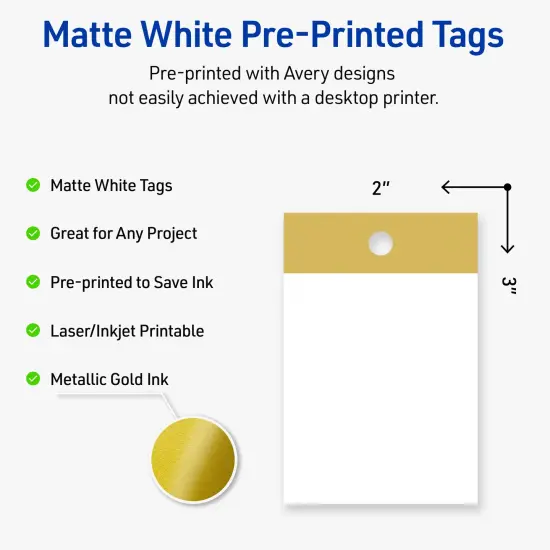 Avery Printable Rectangle Tags, Gold-Dipped Edge, 2" x 3", Matte White Rectangle Tags, Laser/Inkjet, 80ct, Great for Product Tags {2}