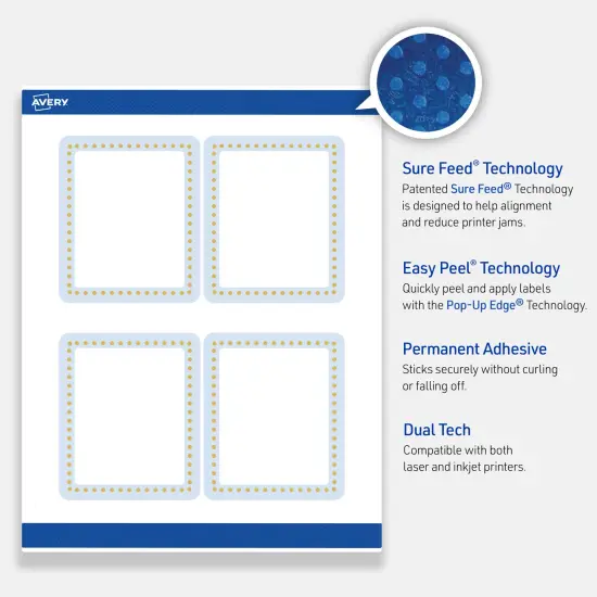 Avery Printable Rectangle Labels, Gold Dots with Blue Border, 4" x 3-1/3", Matte White Rectangle Labels, Permanent, Laser/Inkjet, 40ct, Great for Product Labels {3}