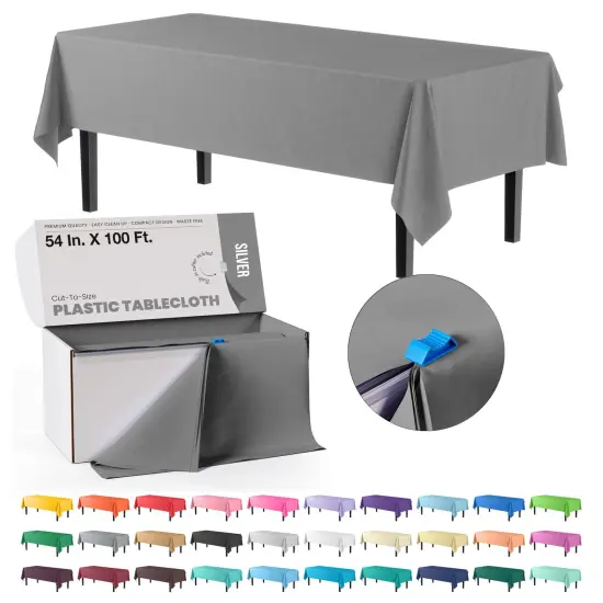 Exquisite Party Solids 54" x 100' Plastic Table Cover Roll with Slide Cutter &ndash; Cut-to-Size Dispenser Box &ndash; Makes Up to 36 Disposable 8' Rectangle Tablecloths Silver {1}