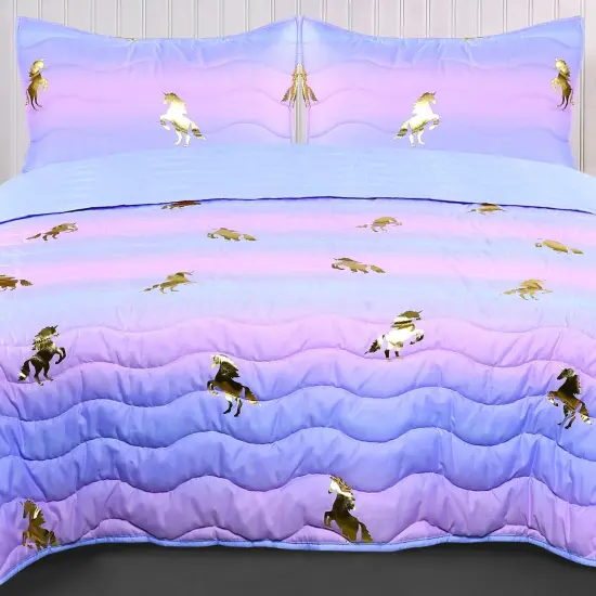 Tadpoles 3-Piece Girls Unicorn Quilt Set | 1 Twin Bed Size Quilt & 2 Standard Shams | Made of 100% Micro-denier Polyester Fiber | Soft, Smooth & Durable | Ideal for Teens | Metallic Gold Unicorns {3}