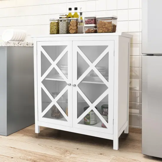 Costway Kitchen Buffet Sideboard Storage Cabinet w/Glass Doors & Adjustable Shelf White\Brown {2}