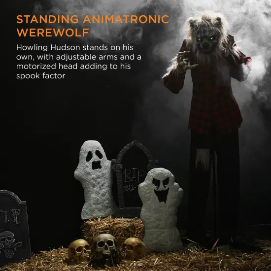 Best Choice Products 5ft Standing Werewolf, Howling Hudson Halloween Animatronic w/ Pre-Recorded Phrases, LED Eyes Gray/Red {3}