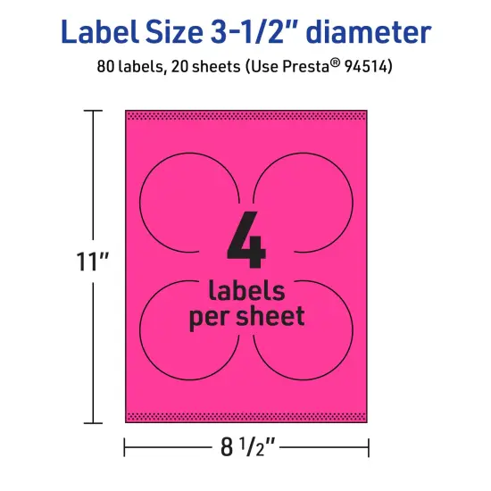 Avery Neon Magenta Paper Labels, 3.5" Diameter Round {5}