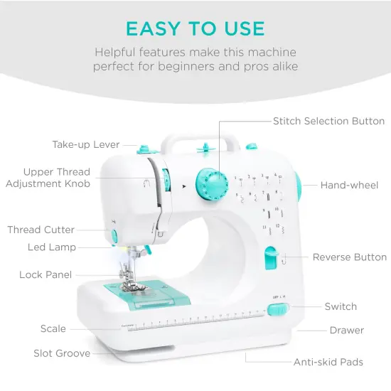 Best Choice Products 6V Portable Sewing Machine, 42-Piece Beginners Kit w/ 12 Stitch Patterns Teal/White {4}