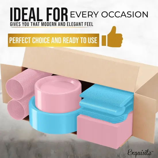 Exquisite 350 Pcs Plastic Plates for Party &ndash; Disposable Plates Set &ndash; 50 Each of 9" Dinner Plates, 7" Dessert Plates, Plastic Cups, Napkins & Plastic Cutlery &ndash; Plastic Dinnerware by Party Solids Blue & Pink {4}