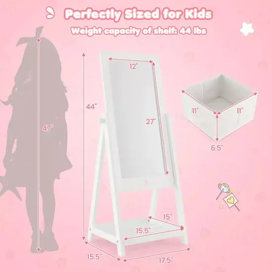Kids Freestanding Full Length Dressing Floor Mirror w/ Shelf Storage Bin White {5}