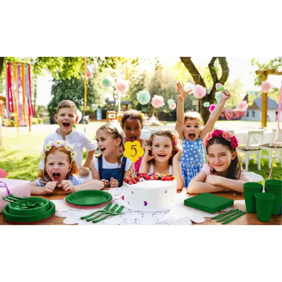 Exquisite 350 Pcs Plastic Plates for Party &ndash; Disposable Plates Set &ndash; 50 Each of 9" Dinner Plates, 7" Dessert Plates, Plastic Cups, Napkins & Plastic Cutlery &ndash; Plastic Dinnerware by Party Solids Emerald Green {6}