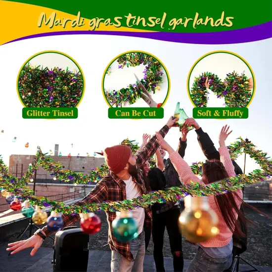 33Ft Mardi Gras Tinsel Garland, Glitter Tinsel Garland for Mardi Gras Tree Decorations, Purple Green Gold Metallic Fluffy Hanging Party Ornaments for Mantle/Ceiling/Stairs/Porch Outdoor Decor {3}