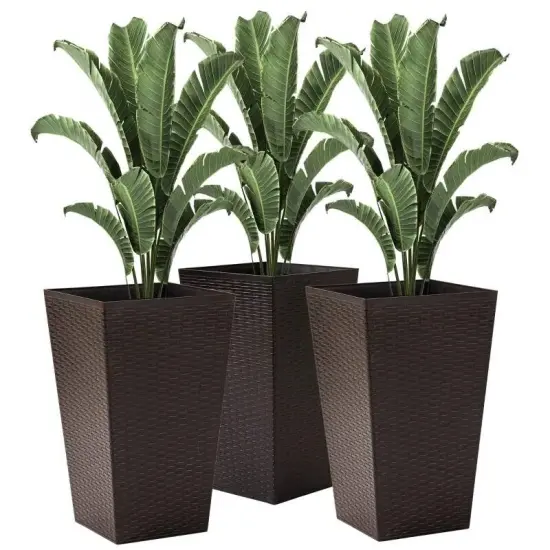 Set of 3 Tall Faux Rattan Flower Pots Stackable Indoor Outdoor Planters with Drainage Hole Black {8}
