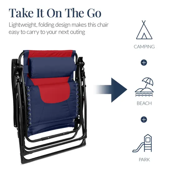 Best Choice Products Oversized Padded Zero Gravity Chair, Folding Outdoor Patio Recliner w/ Side Tray Navy/Red {5}