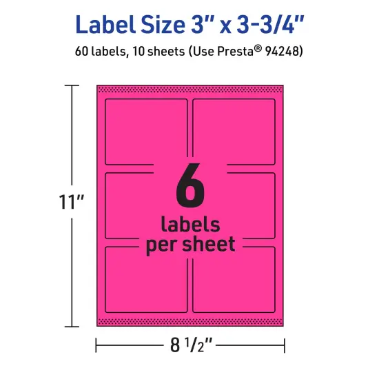 Avery Neon Magenta Paper Labels, 3" x 3.75" Rectangle {5}