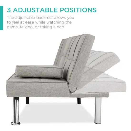 Best Choice Products Modern Linen Convertible Futon Sofa Bed w/ Removable Armrests, Metal Legs, Cupholders Light Gray {2}