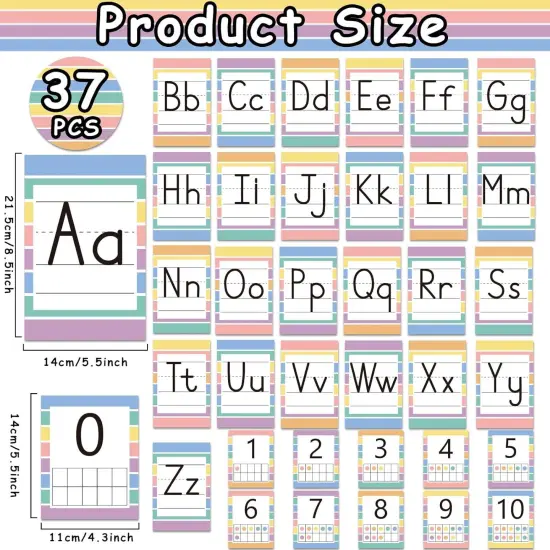 37 PCS Pastel Colors Stripes Classroom Alphabet Number Educational Poster Cards {3}