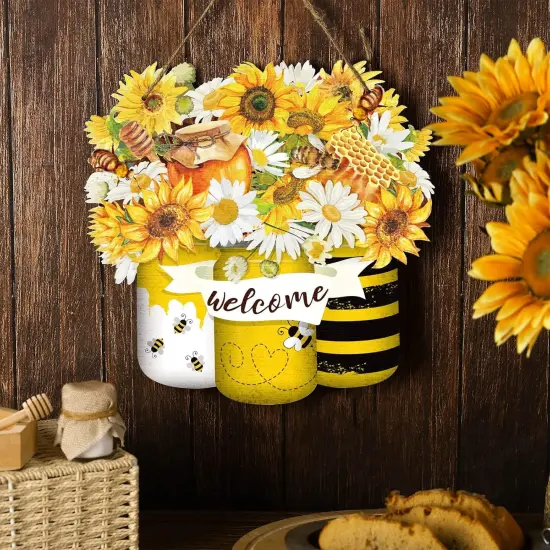 Bee Welcome Wood Door Yellow Bee summer Hanger Wooden Sign Farmhouse Wall Porch Art Summe Wreath Hanging for Front Door Decoration {2}