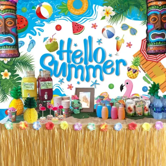 Hello Summer Backdrop Summer Pool Hawaiian Tropical Surfboard Party Decoration Cartoon Hello Summer Children Baby Shower Decoration {5}