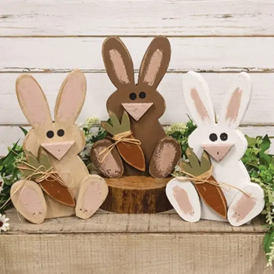 Decorative Wooden Sitting Bunnies with Carrot and Raffia Bow for Display 3 Asstd. {5}