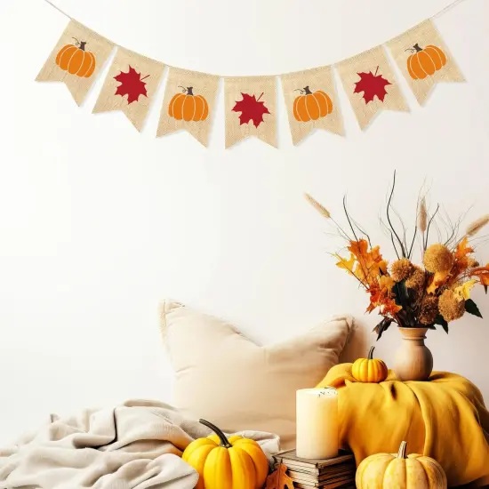 Burlap Pumpkin Maple Leaves Banner (Red, Orange) {4}