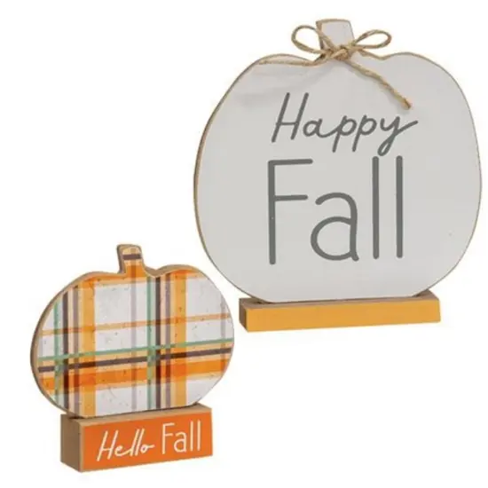 Set of 2 Wooden Fall Pumpkins &ndash; &lsquo;Hello Fall&rsquo; & &lsquo;Happy Fall&rsquo; Freestanding Autumn D&eacute;cor with Jute Bow {1}