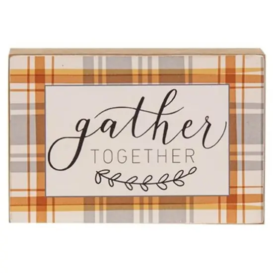 Rustic Wooden Plaid Box Sign with &ldquo;Gather Together&rdquo; Quote Freestanding Fall Decor Accent {1}