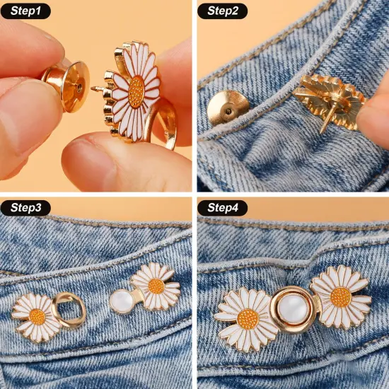 Pant Waist Tightener, Detachable Jean Buttons for Loose Jeans, No Sew and No Tools Button Pins for Jeans, Adjustable Jean Buttons Pins, Daisy Flower Instant Pants Button Tightener 4 Sets {5}