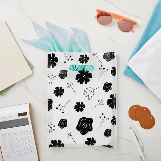 100 Pack 9x12 Small Merchandise Bags for Boutique, Black Flowers Shopping Bags with Handles for Retail {3}