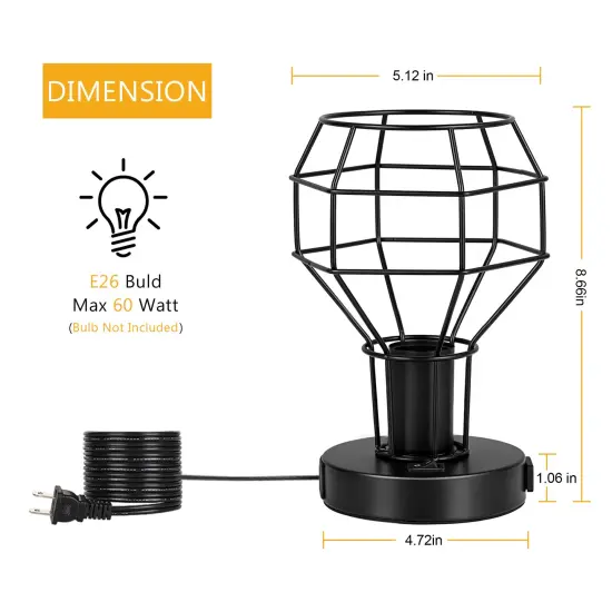 2PCS Industrial Steampunk Table Lamp Vintage Cage Bedside Light with Dual USB Ports & AC Outlet UL-Certified, Portable Nightstand Lamp for Small Spaces {3}