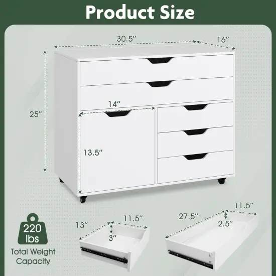 Modern Vertical 5-Drawer Mobile Chest with Door 5 Casters-White {5}