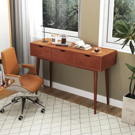48 Inch Walnut Writing Computer Desk with 3 Drawers and Solid Wood Legs {2}