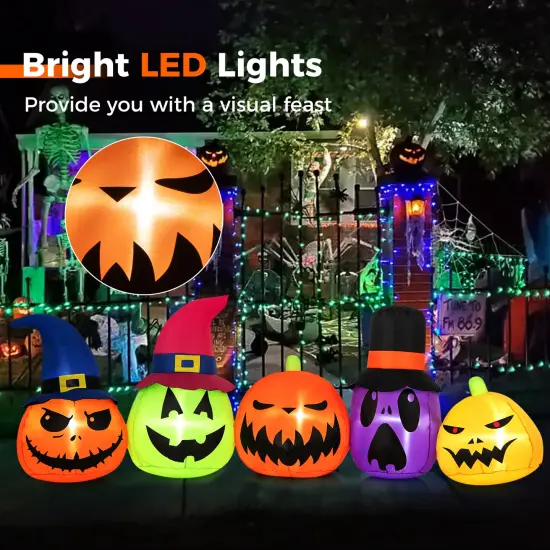 9 Feet Inflatable Pumpkin Patch Family with Built-in LED Lights and Witch Hats {5}