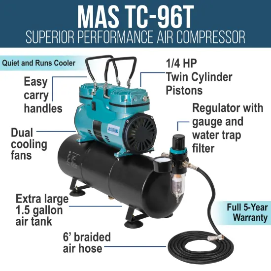 Professional Cool Running 1/4 hp Twin Cylinder Piston Air Compressor with Extra Large Storage Tank - High Airflow - Hose, Regulator Water Trap {2}