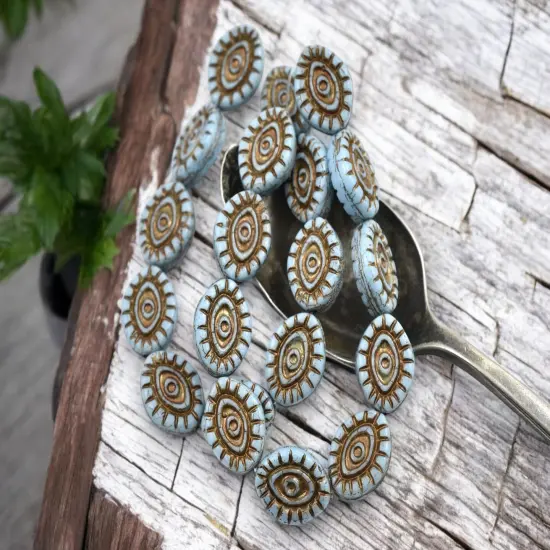 *10* 14x11mm Dark Bronze Washed Blue Mystic Eye Beads {4}