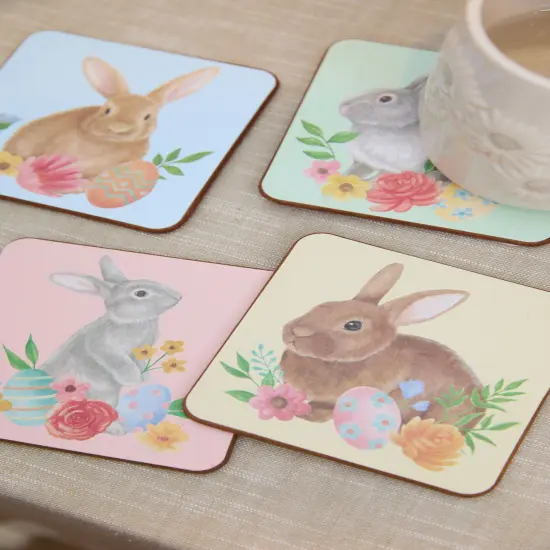4" Multi-Color Easter Floral Cute Bunny Rabbit Drink Sitter Coasters Set of 4 {5}
