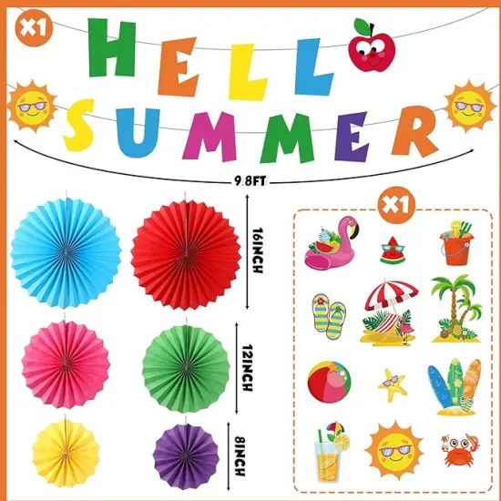 25 Pcs Summer Party Decorations Hello Summer Banner Pool Summer Beach Hanging Paper Fans Summer Beach Decor for Home Office School Classroom Beach Birthday Party Decorations {3}