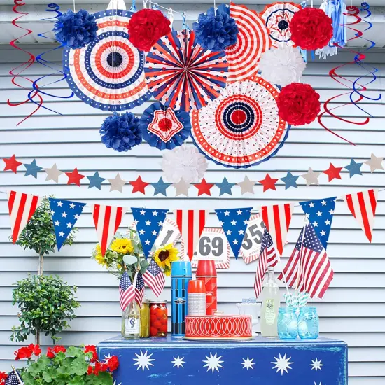 29PCS 4th/Fourth of July Patriotic Decorations Set - Red White Blue Paper Fans,USA Flag Pennant,Star Streamer,Pom Poms,Hanging Swirls Party Decor Supplies {2}