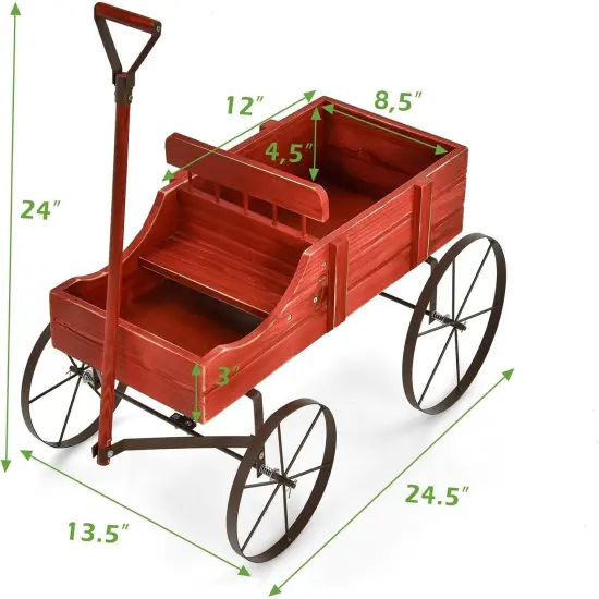 Wooden Garden Wagon Planter with Handle & Wheels Red {5}