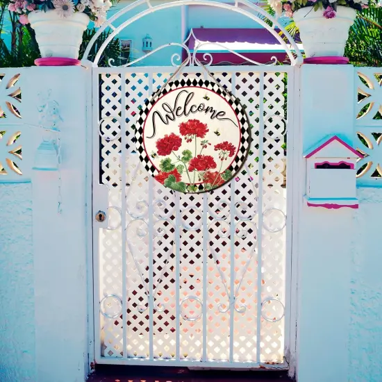 Welcome Sign Wreaths for Front Door Wooden Summer Buffalo Plaid Door Hanger for Outdoor Indoor Outside Porch Farmhouse Home Window Wall Hanging Decoration, 11.81 Inch(Geranium Flower) {2}