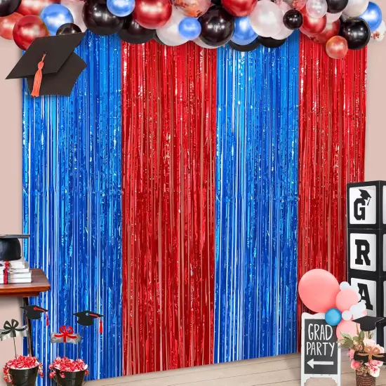 Red and Blue Streamers, Pack of 2 - Xtralarge, 3.2x8 Feet | Red and Blue Fringe Curtain, Red and Blue Party Decorations | Circus Theme Party Decorations | Red and Blue Carnival Decorations {1}