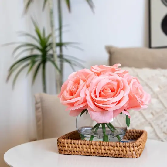 7 PCS Pink Rose Artificial Flowers with Vase Silk Fake Flowers Arrangements in Glass Vase with Faux Water {1}