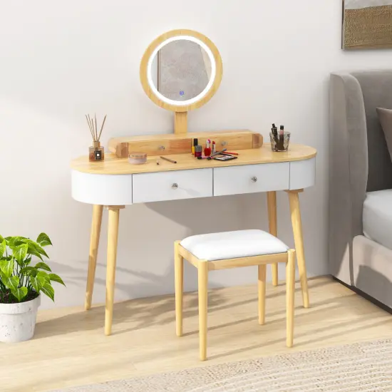 LED Lighted Vanity Table Set with Adjustable Mirror & Cushioned Stool Natural {2}