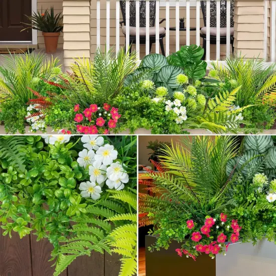 20 Pcs Artificial Plants Outdoor Fake UV Resistant Artificial Flowers Greenery Stems Boston Fern Faux Shrubs Plastic Plants for Garden Porch Planter Window Box Home Decor {3}