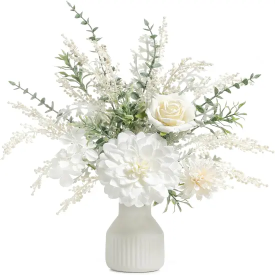 Artificial Flowers in Ceramic Vase, White Faux Flowers with Vase,Centerpieces Coffee Table Decor, Silk Flower Arrangements {1}