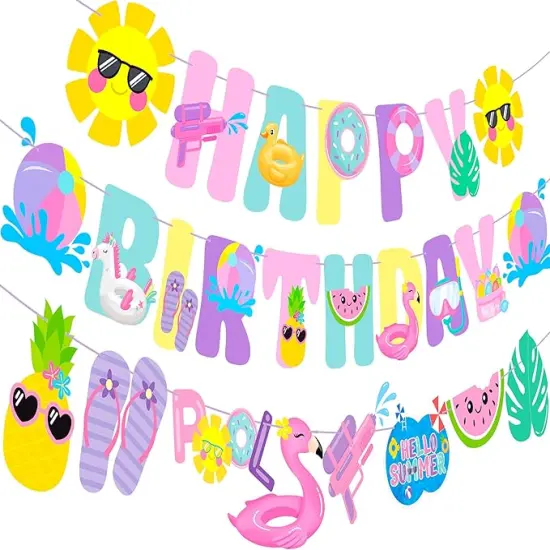 Pool Party Happy Birthday Banner Decorations Summer Pool Garland Decorations for Summer Beach Hawaii Luau Birthday Party Supplies Wall Backdrop Decor {1}