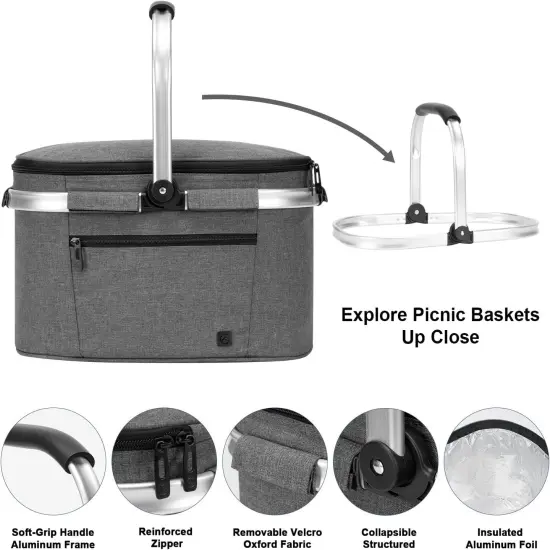 Insulated Cooler Bag Portable Collapsible Picnic Basket Cooler Bag Collapsible, Leakproof, Lightweightwith Sewn in Frame (Medium Gray {4}