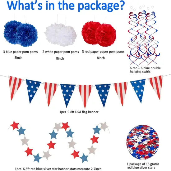 29PCS 4th/Fourth of July Patriotic Decorations Set - Red White Blue Paper Fans,USA Flag Pennant,Star Streamer,Pom Poms,Hanging Swirls Party Decor Supplies {3}